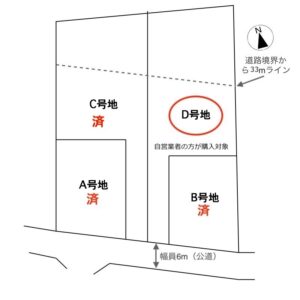 道路境界から33m以内の建築が可能です。道路際でないのでプライベートも確保しやすいです。
