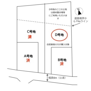 道路境界から33m以内の建築が可能です。道路際でないのでプライベートも確保しやすいです。